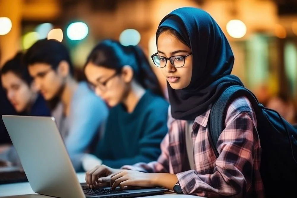 A young woman studying at a computer with other students
