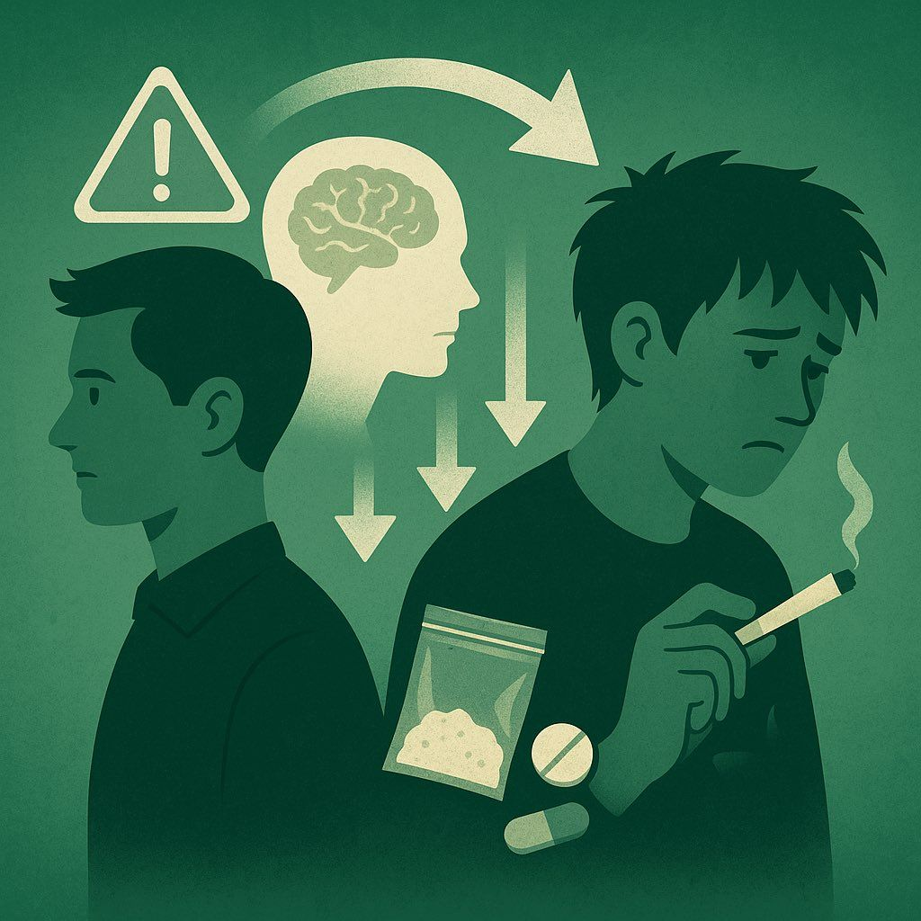 Drug prevention illustration showing young people, the brain, warning signs, and substance use risks.