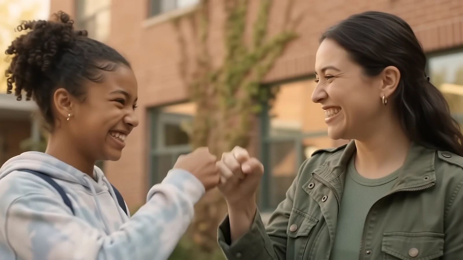 A young person and mentor sharing a fist bump outside a school
